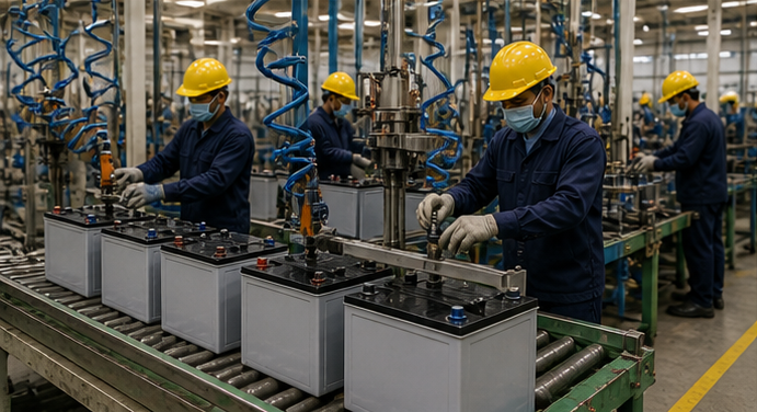 Workers on battery assembly line